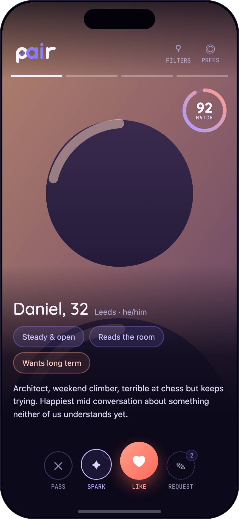 Browse screen: a profile card with a 92 percent compatibility ring, trait chips and Pass, Spark, Like and Request actions.