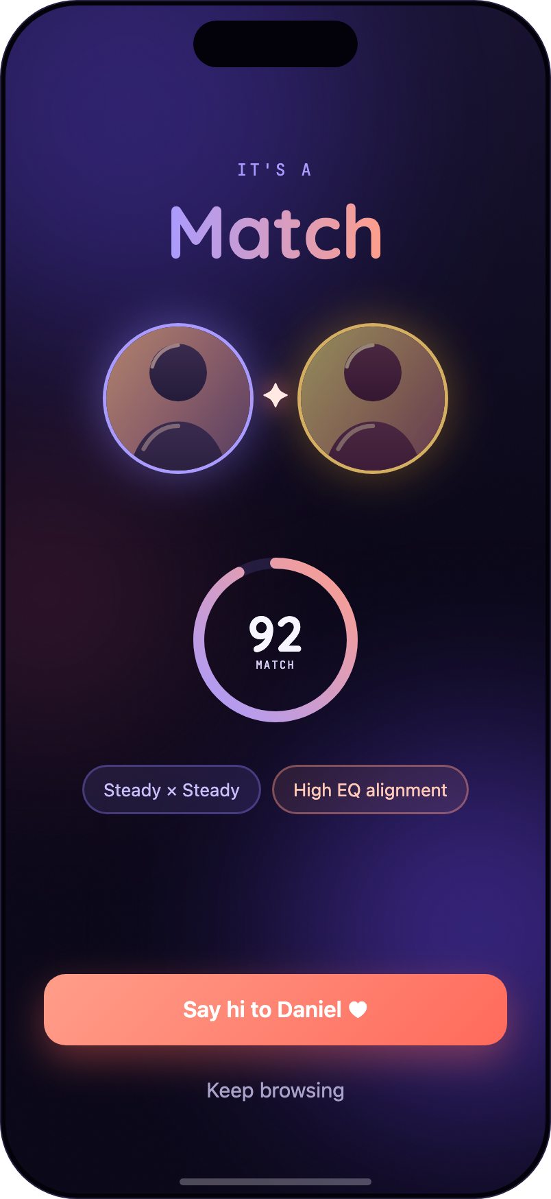 Match celebration: two profiles meeting at a spark above a 92 percent compatibility ring.
